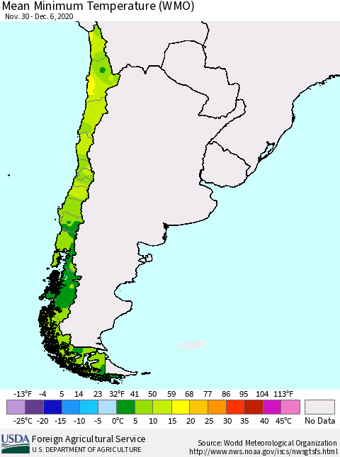Chile Minimum Temperature (WMO) Thematic Map For 11/30/2020 - 12/6/2020