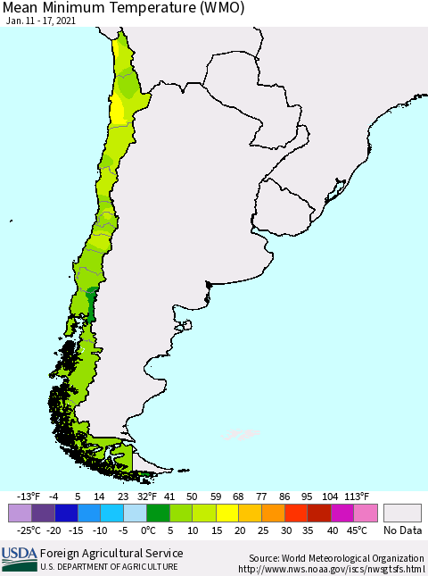 Chile Minimum Temperature (WMO) Thematic Map For 1/11/2021 - 1/17/2021