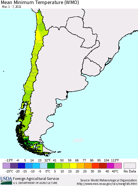 Chile Minimum Temperature (WMO) Thematic Map For 3/1/2021 - 3/7/2021