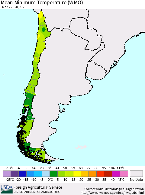 Chile Minimum Temperature (WMO) Thematic Map For 3/22/2021 - 3/28/2021