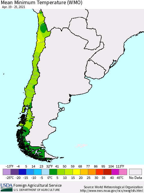 Chile Minimum Temperature (WMO) Thematic Map For 4/19/2021 - 4/25/2021