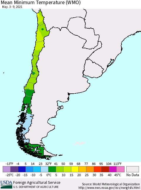 Chile Minimum Temperature (WMO) Thematic Map For 5/3/2021 - 5/9/2021