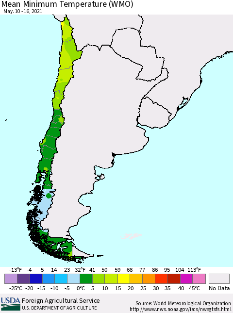Chile Minimum Temperature (WMO) Thematic Map For 5/10/2021 - 5/16/2021