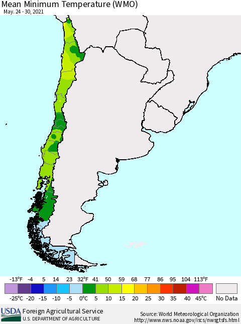 Chile Minimum Temperature (WMO) Thematic Map For 5/24/2021 - 5/30/2021
