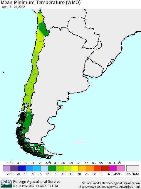 Chile Minimum Temperature (WMO) Thematic Map For 4/18/2022 - 4/24/2022