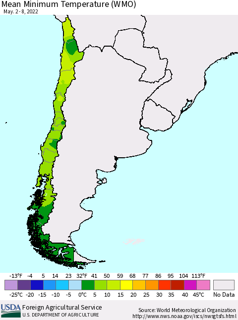 Chile Minimum Temperature (WMO) Thematic Map For 5/2/2022 - 5/8/2022