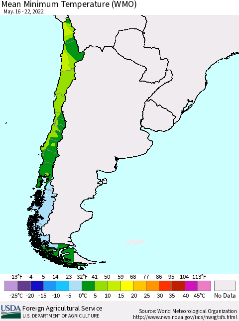 Chile Minimum Temperature (WMO) Thematic Map For 5/16/2022 - 5/22/2022