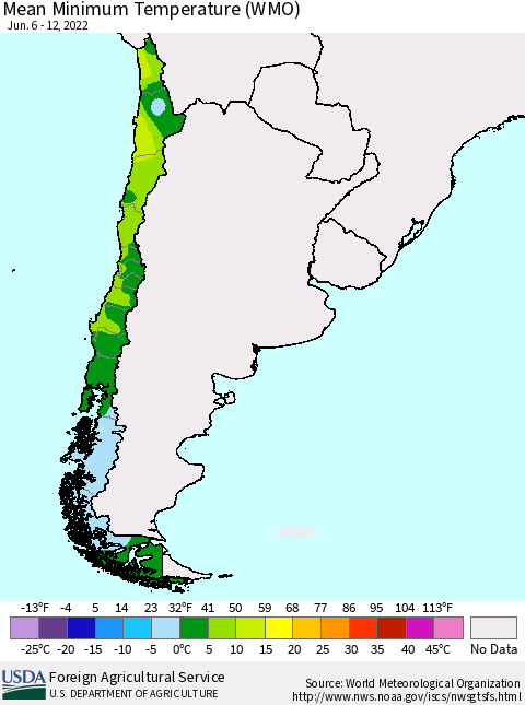 Chile Minimum Temperature (WMO) Thematic Map For 6/6/2022 - 6/12/2022