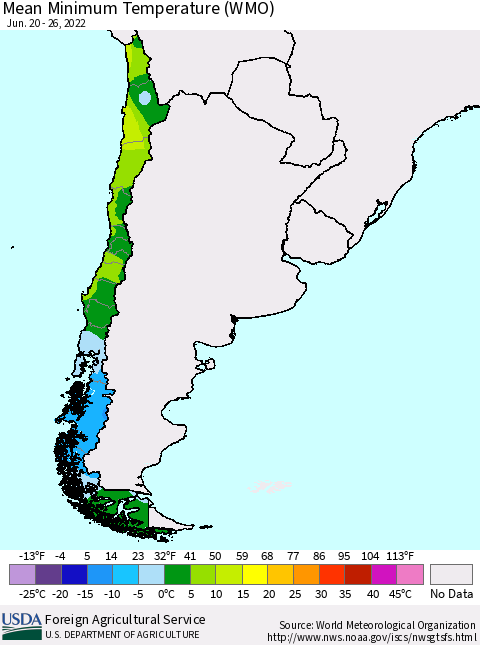 Chile Minimum Temperature (WMO) Thematic Map For 6/20/2022 - 6/26/2022