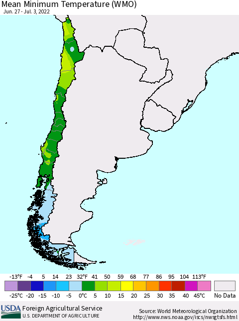 Chile Minimum Temperature (WMO) Thematic Map For 6/27/2022 - 7/3/2022