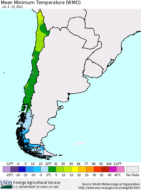 Chile Minimum Temperature (WMO) Thematic Map For 7/4/2022 - 7/10/2022
