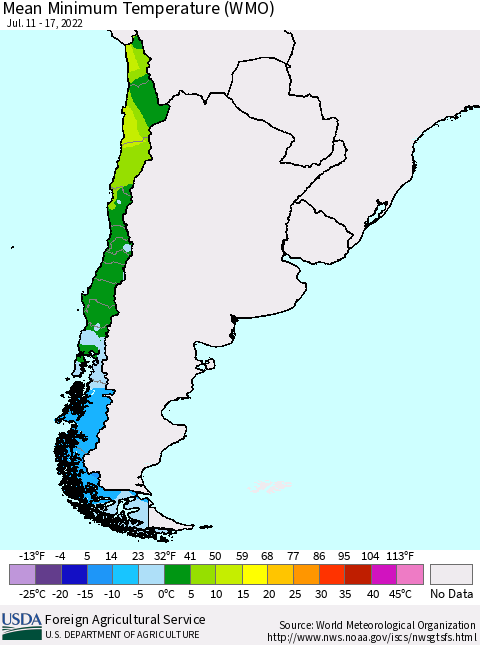 Chile Minimum Temperature (WMO) Thematic Map For 7/11/2022 - 7/17/2022