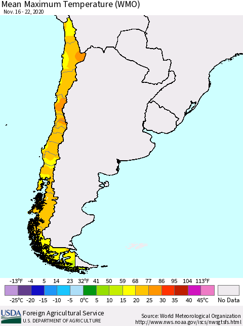 Chile Maximum Temperature (WMO) Thematic Map For 11/16/2020 - 11/22/2020