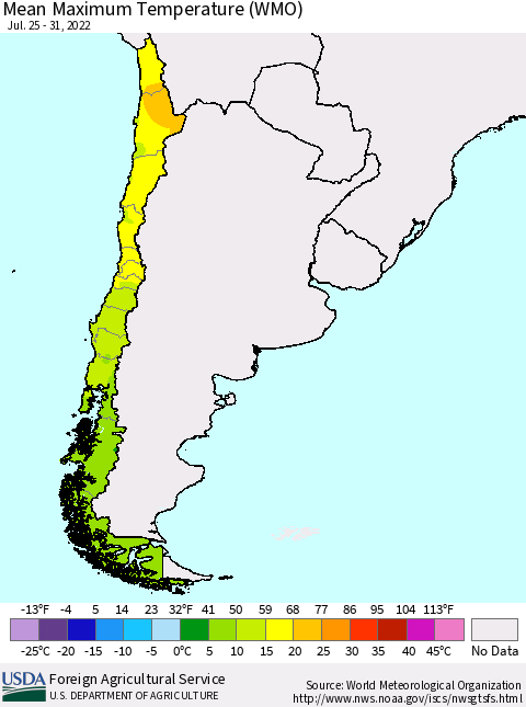 Chile Maximum Temperature (WMO) Thematic Map For 7/25/2022 - 7/31/2022