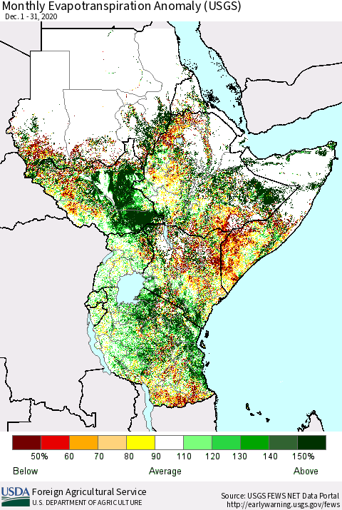 Eastern Africa Monthly Evapotranspiration Anomaly (USGS) Thematic Map For 12/1/2020 - 12/31/2020