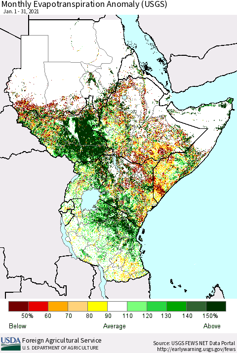 Eastern Africa Monthly Evapotranspiration Anomaly (USGS) Thematic Map For 1/1/2021 - 1/31/2021