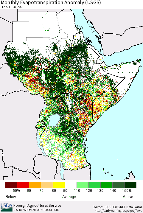 Eastern Africa Monthly Evapotranspiration Anomaly (USGS) Thematic Map For 2/1/2021 - 2/28/2021