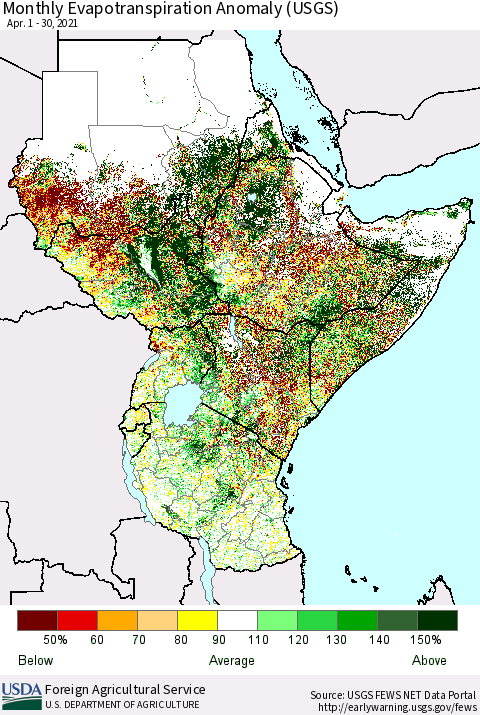 Eastern Africa Monthly Actual Evapotranspiration Anomaly (USGS) Thematic Map For 4/1/2021 - 4/30/2021