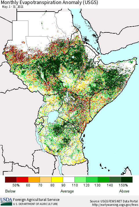 Eastern Africa Monthly Actual Evapotranspiration Anomaly (USGS) Thematic Map For 5/1/2021 - 5/31/2021