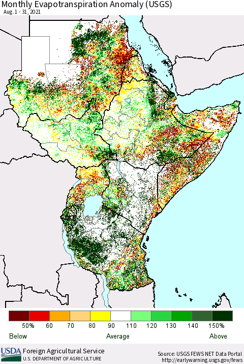 Eastern Africa Monthly Actual Evapotranspiration Anomaly (USGS) Thematic Map For 8/1/2021 - 8/31/2021