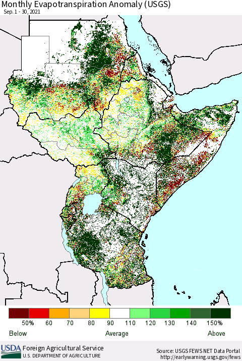 Eastern Africa Monthly Actual Evapotranspiration Anomaly (USGS) Thematic Map For 9/1/2021 - 9/30/2021