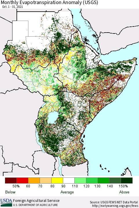 Eastern Africa Monthly Actual Evapotranspiration Anomaly (USGS) Thematic Map For 10/1/2021 - 10/31/2021
