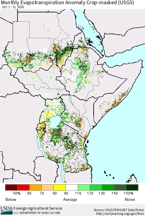 Eastern Africa Monthly Evapotranspiration Anomaly Crop-masked (USGS) Thematic Map For 10/1/2020 - 10/31/2020