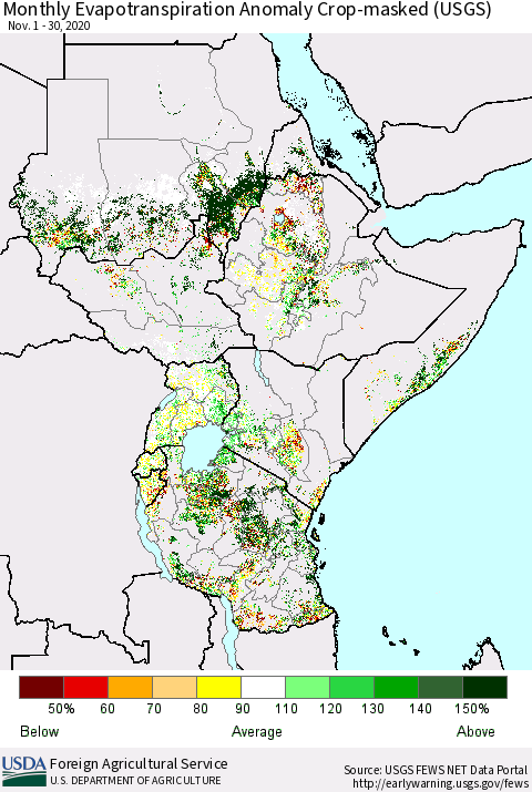Eastern Africa Monthly Actual Evapotranspiration Anomaly over Croplands (USGS) Thematic Map For 11/1/2020 - 11/30/2020