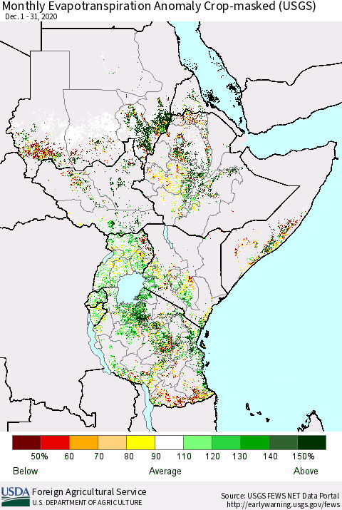 Eastern Africa Monthly Evapotranspiration Anomaly Crop-masked (USGS) Thematic Map For 12/1/2020 - 12/31/2020