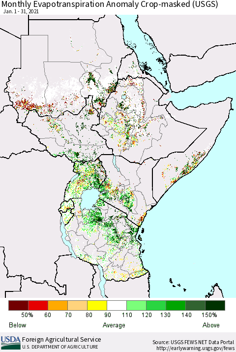 Eastern Africa Monthly Actual Evapotranspiration Anomaly over Croplands (USGS) Thematic Map For 1/1/2021 - 1/31/2021