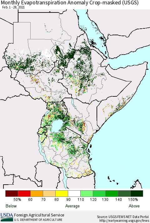 Eastern Africa Monthly Evapotranspiration Anomaly Crop-masked (USGS) Thematic Map For 2/1/2021 - 2/28/2021