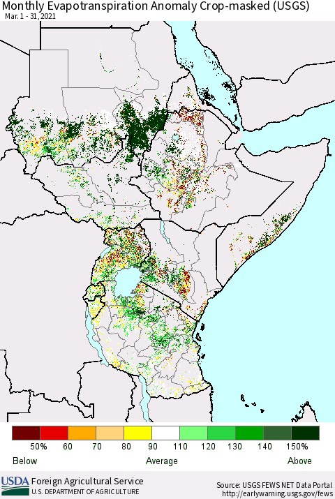 Eastern Africa Monthly Actual Evapotranspiration Anomaly over Croplands (USGS) Thematic Map For 3/1/2021 - 3/31/2021