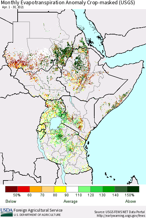 Eastern Africa Monthly Actual Evapotranspiration Anomaly over Croplands (USGS) Thematic Map For 4/1/2021 - 4/30/2021