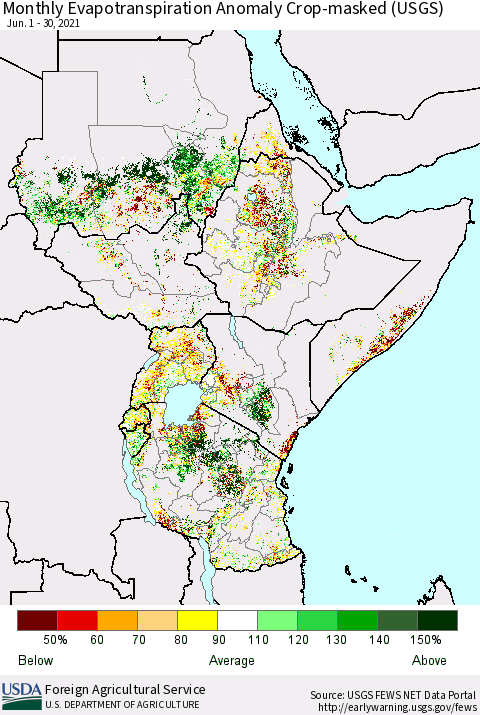Eastern Africa Monthly Actual Evapotranspiration Anomaly over Croplands (USGS) Thematic Map For 6/1/2021 - 6/30/2021