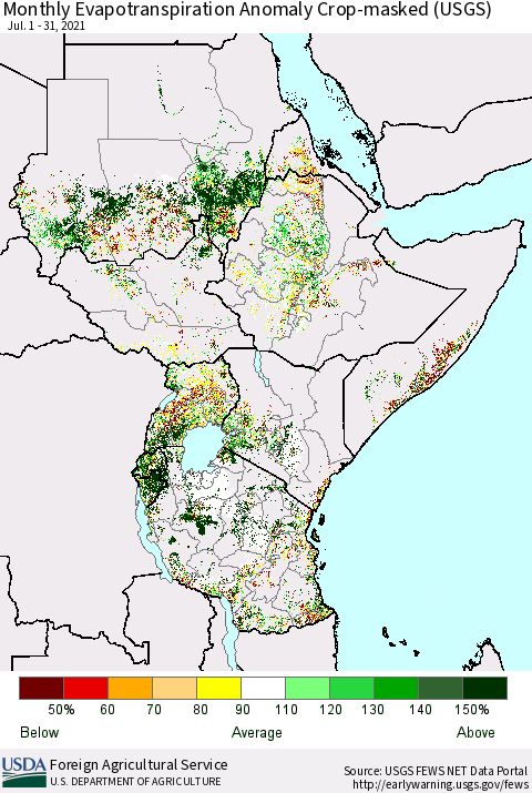 Eastern Africa Monthly Actual Evapotranspiration Anomaly over Croplands (USGS) Thematic Map For 7/1/2021 - 7/31/2021