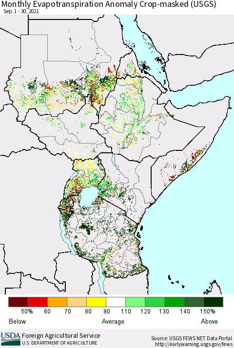 Eastern Africa Monthly Actual Evapotranspiration Anomaly over Croplands (USGS) Thematic Map For 9/1/2021 - 9/30/2021