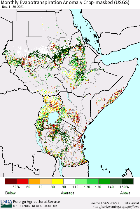 Eastern Africa Monthly Actual Evapotranspiration Anomaly over Croplands (USGS) Thematic Map For 11/1/2021 - 11/30/2021