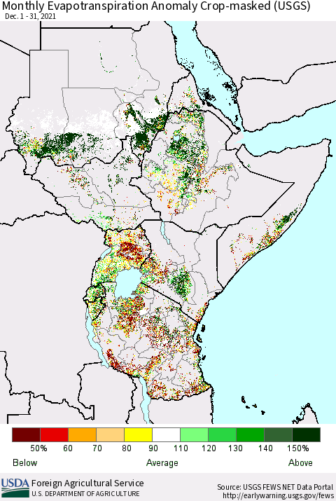 Eastern Africa Monthly Actual Evapotranspiration Anomaly over Croplands (USGS) Thematic Map For 12/1/2021 - 12/31/2021