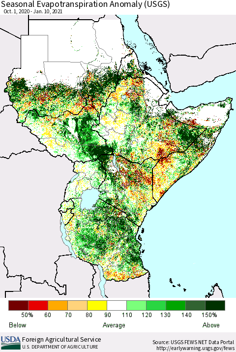 Eastern Africa Seasonal Actual Evapotranspiration Anomaly (USGS) Thematic Map For 10/1/2020 - 1/10/2021