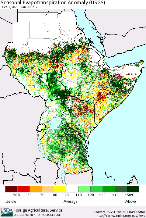 Eastern Africa Seasonal Actual Evapotranspiration Anomaly (USGS) Thematic Map For 10/1/2020 - 1/20/2021