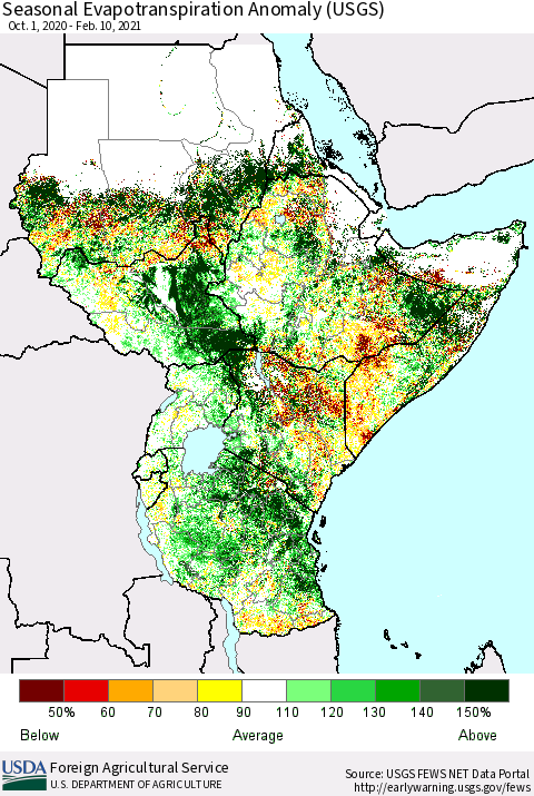 Eastern Africa Seasonal Actual Evapotranspiration Anomaly (USGS) Thematic Map For 10/1/2020 - 2/10/2021