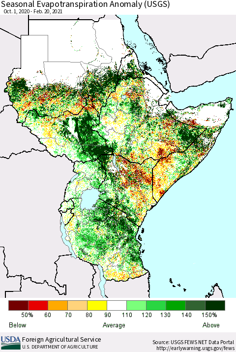 Eastern Africa Seasonal Actual Evapotranspiration Anomaly (USGS) Thematic Map For 10/1/2020 - 2/20/2021