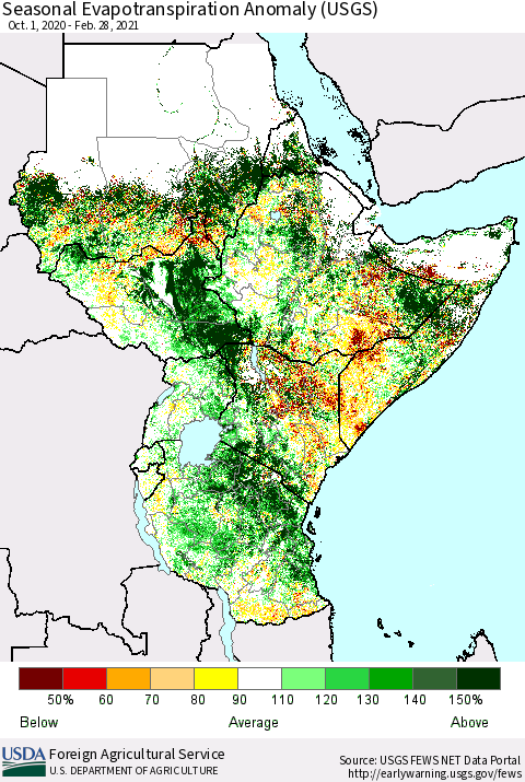 Eastern Africa Seasonal Evapotranspiration Anomaly (USGS) Thematic Map For 10/1/2020 - 2/28/2021