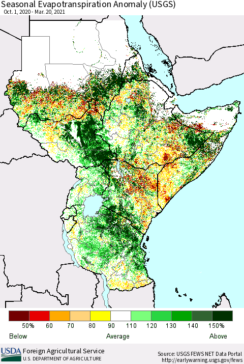 Eastern Africa Seasonal Evapotranspiration Anomaly (USGS) Thematic Map For 10/1/2020 - 3/20/2021