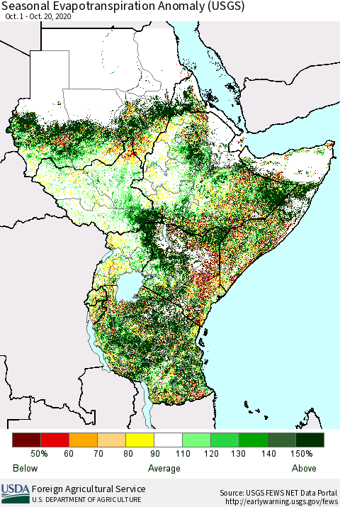 Eastern Africa Seasonal Actual Evapotranspiration Anomaly (USGS) Thematic Map For 10/1/2020 - 10/20/2020