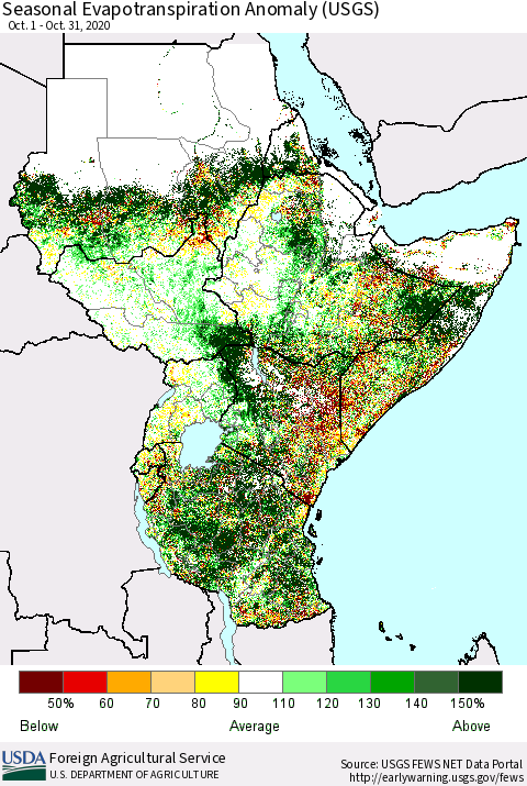 Eastern Africa Seasonal Evapotranspiration Anomaly (USGS) Thematic Map For 10/1/2020 - 10/31/2020