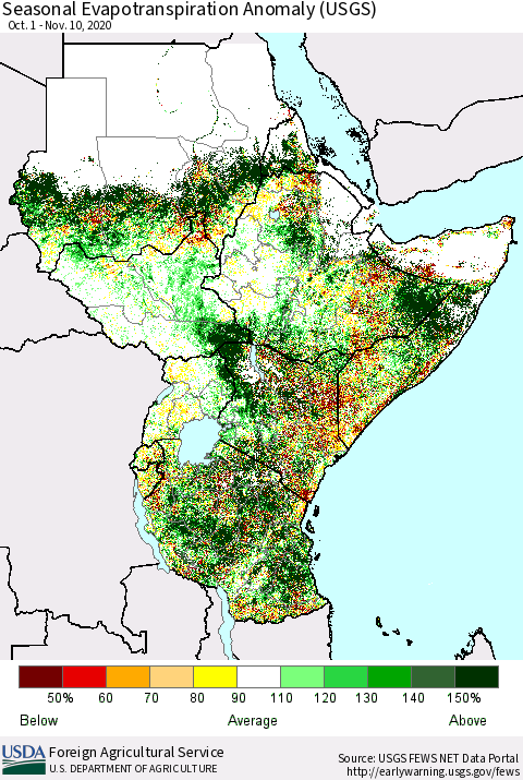 Eastern Africa Seasonal Evapotranspiration Anomaly (USGS) Thematic Map For 10/1/2020 - 11/10/2020