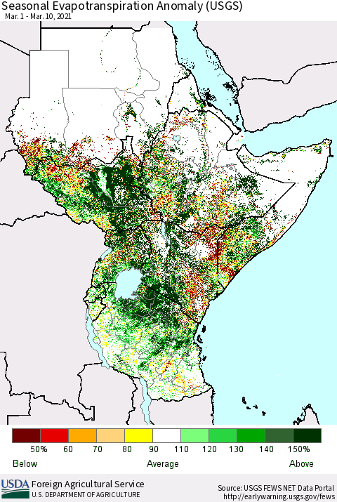 Eastern Africa Seasonal Actual Evapotranspiration Anomaly (USGS) Thematic Map For 3/1/2021 - 3/10/2021