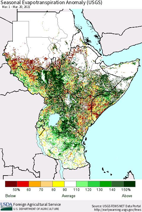 Eastern Africa Seasonal Actual Evapotranspiration Anomaly (USGS) Thematic Map For 3/1/2021 - 3/20/2021