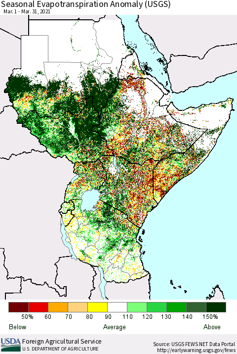 Eastern Africa Seasonal Actual Evapotranspiration Anomaly (USGS) Thematic Map For 3/1/2021 - 3/31/2021